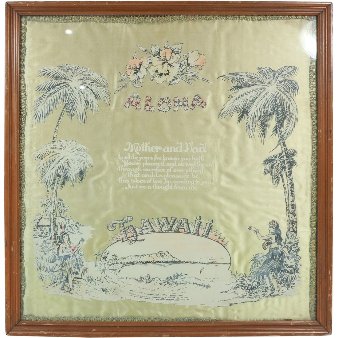 ALOHA HAWAII Vintage Embroidery on Silk Framed 18 in. x 19 in.: ALOHA HAWAII Vintage Embroidery on Silk Framed 18 in. x 19 in. size: 18x19