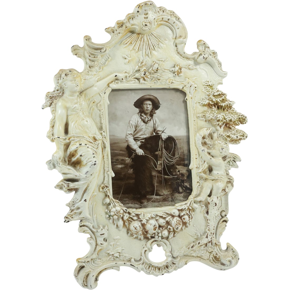 Cast Metal Art Nouveau Woman Picture Frame with Print of a Western Cowboy (1 of 20)
