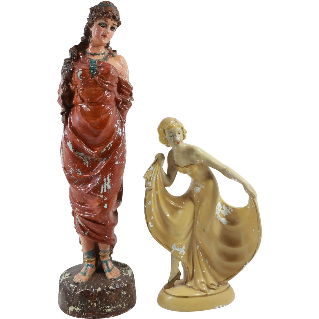 2 Vintage Chalk Composition Women Statures in Paint Finish 12 in. and 19.25 in. heights: 2 Vintage Chalk Composition Women Statures in Paint Finish 12 in. and 19.25 in. heights. size: 12x7.25, 19.25x5