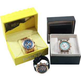 3 Assorted Men's Wristwatches 2 Mulco and 1 Invicta in yellow box: 3 Assorted Men's Wristwatches 2 Mulco and 1 Invicta in yellow box. size: 3.5x5.75x4.5 (yellow box), 3.5x4.75x4.75 (black box)