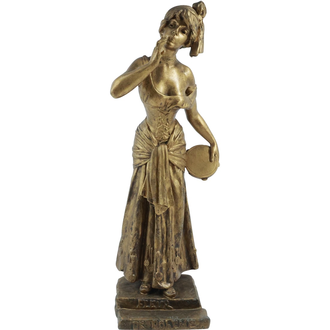 Emmanuel Villanis,"Fleur De Boheme" Woman Holding Tambourine Cast Metal Spelter Statue 19 in. height (1 of 20)