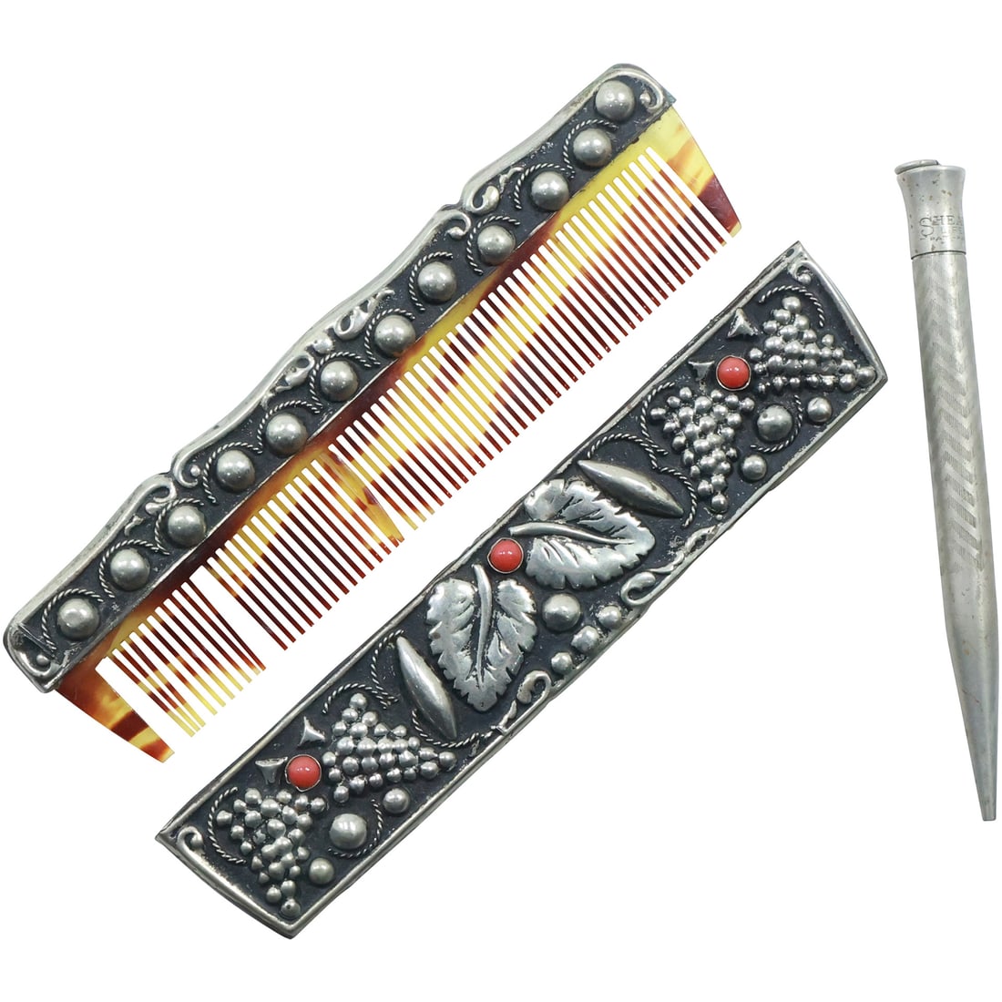 Sterling Silver and Coral Comb Case Grape Clusters and Leaves; & Sterling Silver Pen (1 of 19)