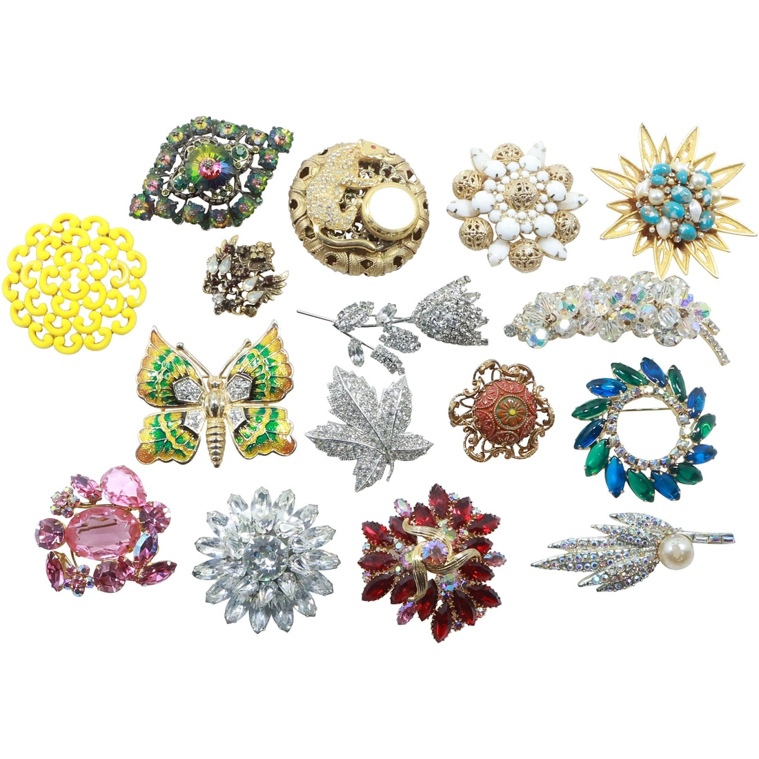 16 Assorted Costume Jewelry Fashion Pins: Gold Tone with White Stones; Panther Clock; BSK (1 of 20)