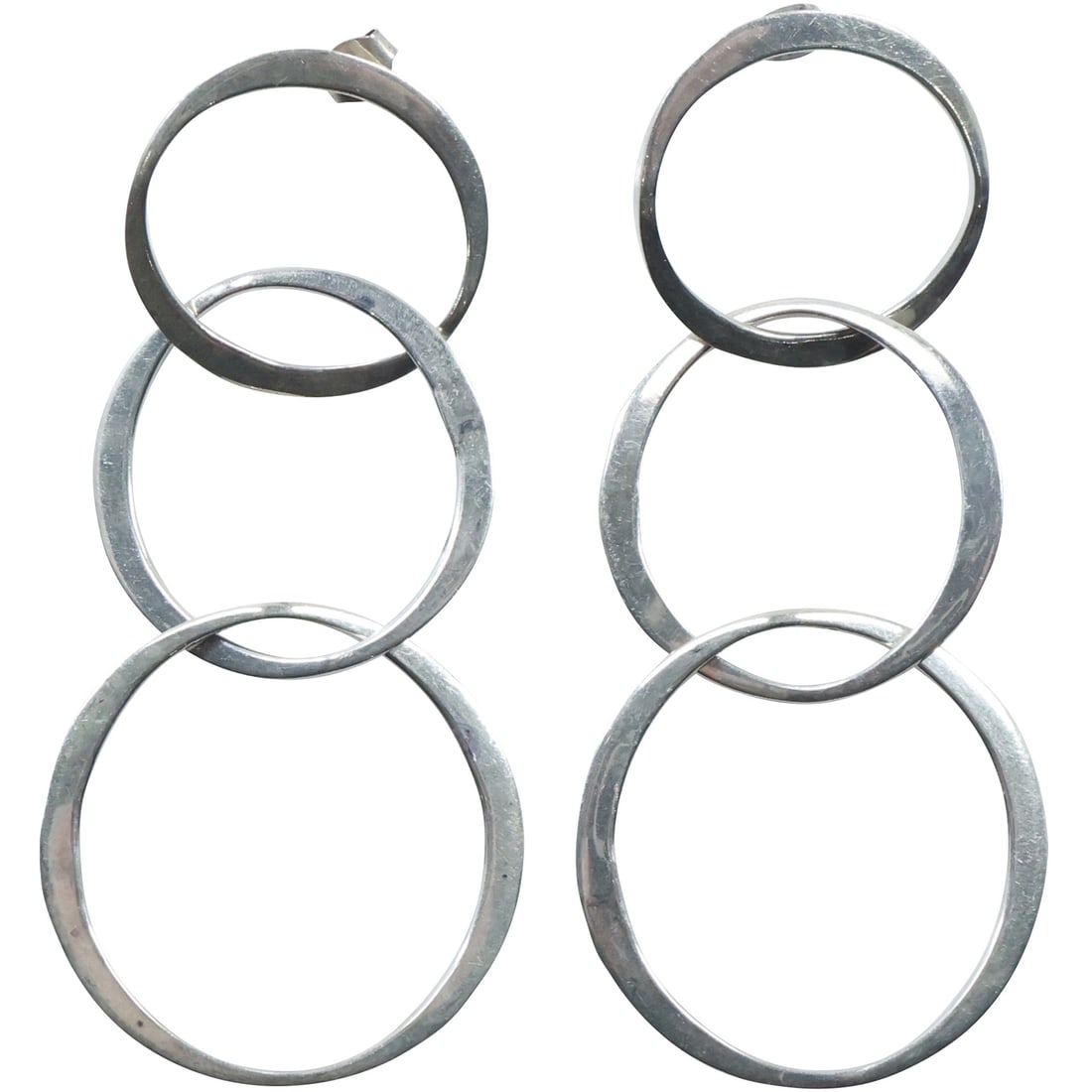 Pair Sterling Silver .925 Mexico 3 Large Hoops Earrings 4 in. x 1 3/4 in. ; weighs 26.3 grams (1 of 14)