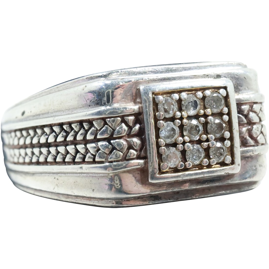 .925 Sterling Silver Heavy Men's Ring with 9 Diamonds size 11, 1 in. x 1/2 in. (1 of 11)
