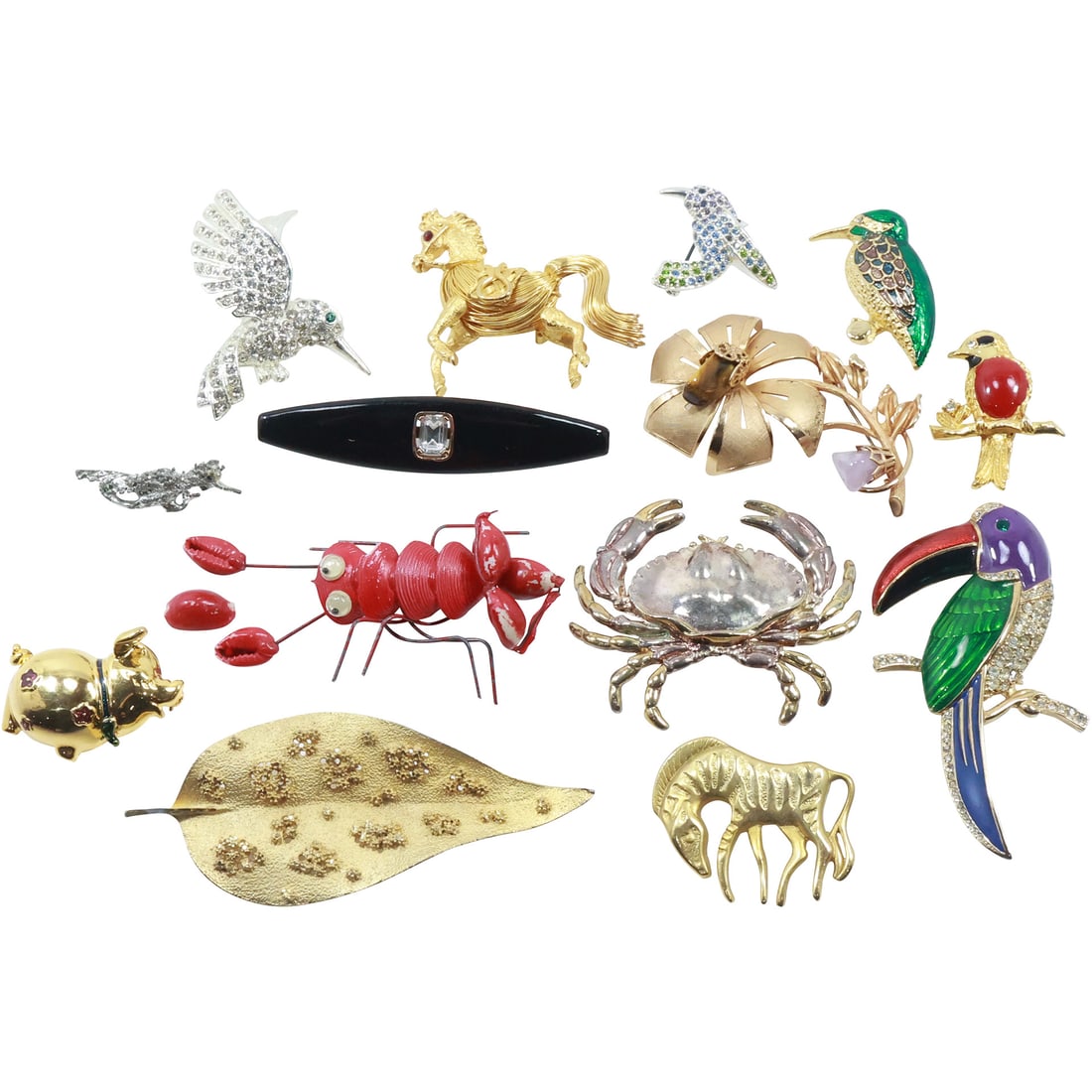 19 Assorted Costume Jewelry Fashion Pins: Oval Black Enamel; Lobster; BSK Gold Tone Leaf; (1 of 17)