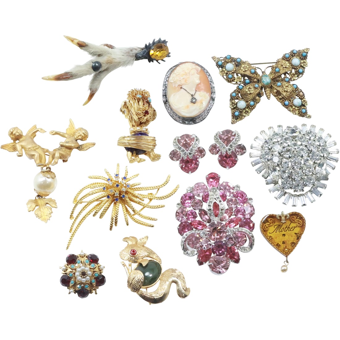 13 Assorted Pieces Costume Jewelry Fashion Pins: Eisenberg 3-Pc. Pink Rhinestone Pin with Earrings (1 of 17)