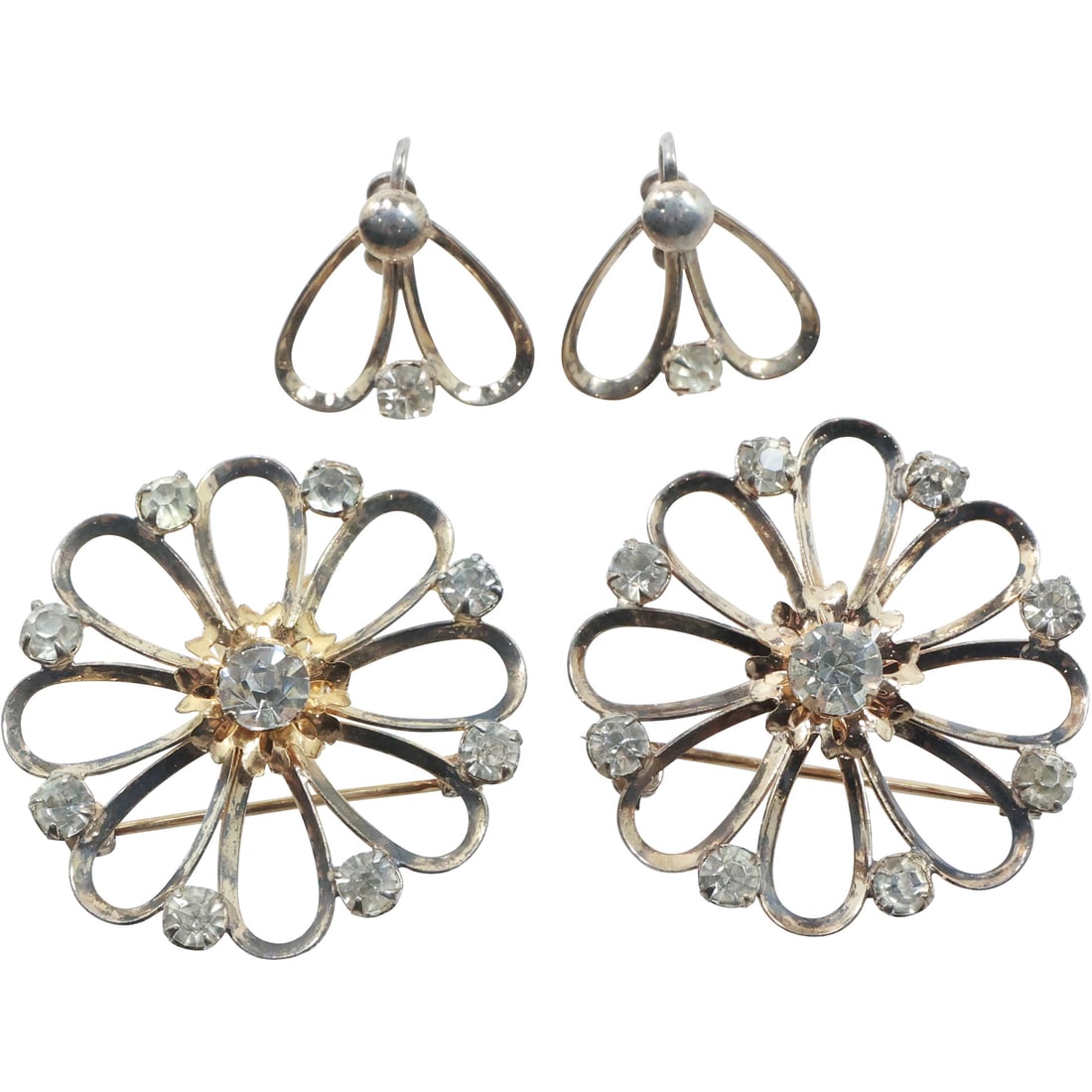 Sterling Silver 2 Rhinestone Pin Wheel Pins and Pair Sterling Screw Back Earrings: Sterling Silver 2 Rhinestone Pin Wheel Pins 1 1/2 in. diameter and Pair Sterling Screw Back Earrings 7/8 in. diameter