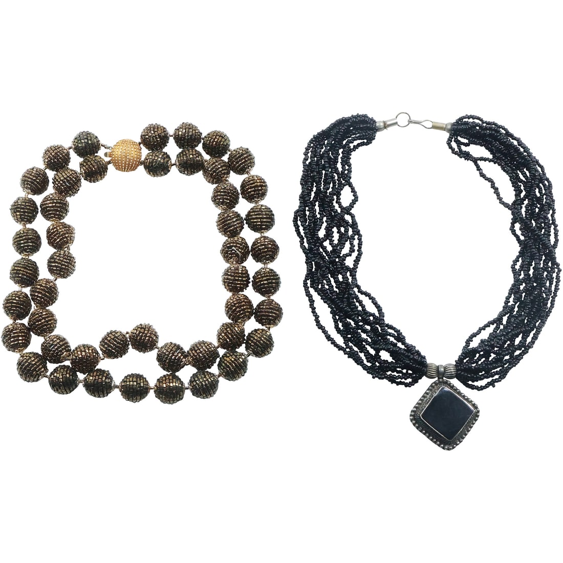 [2] Vintage Costume 2-Strand Glass Copper Beads Necklace & Vintage Black Glass Bead Necklace (1 of 20)
