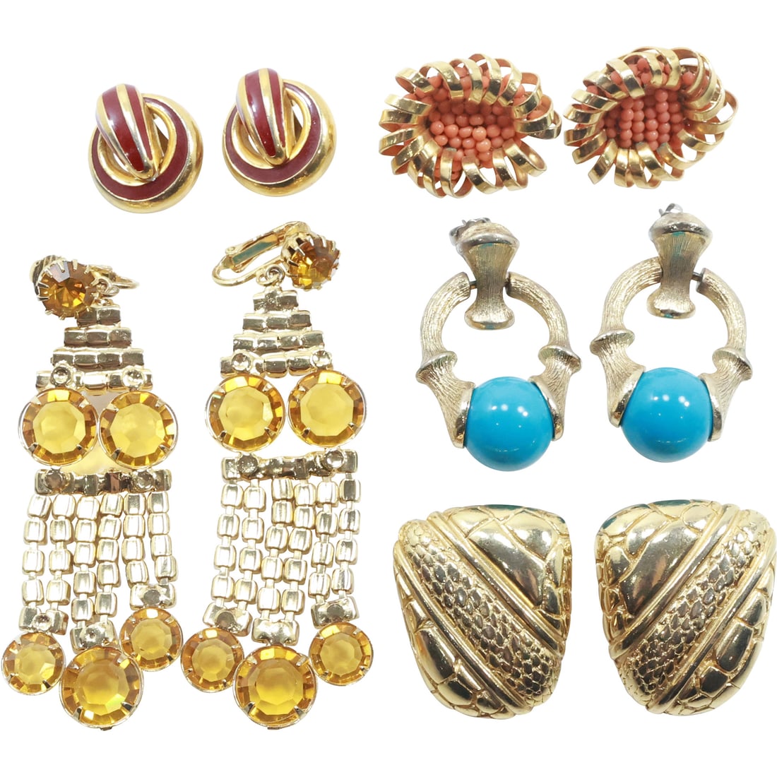 5 Assorted Pairs Clip-on Earrings: Carnegie Amber Rhinestone; Givenchy 1979 Paris New York (1 of 20)