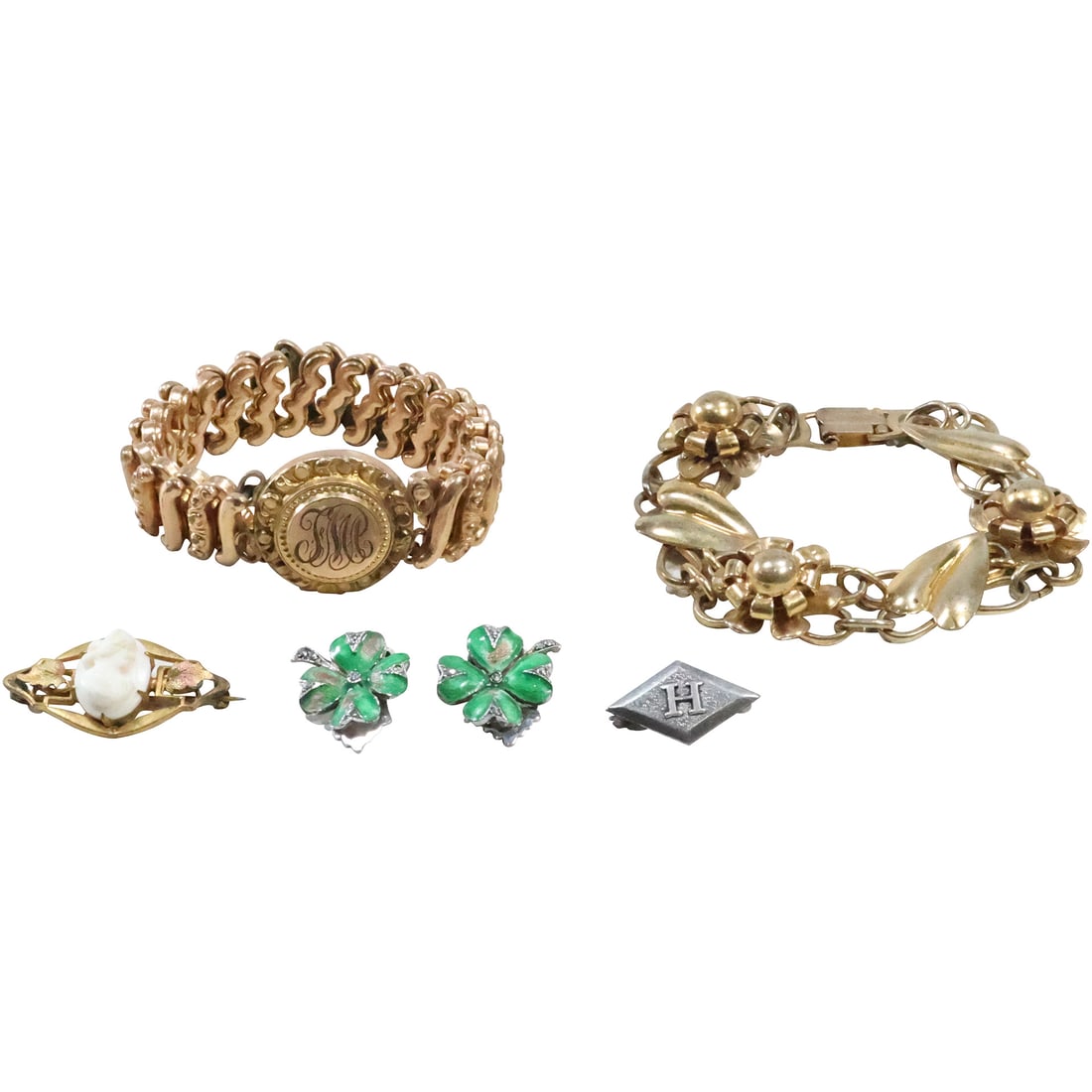 Sterling 1950s Bracelet; Cameo Pin; 4-Leaf Clover Clip-on Earrings; Sterling "H" Pin Stretch Initial (1 of 20)