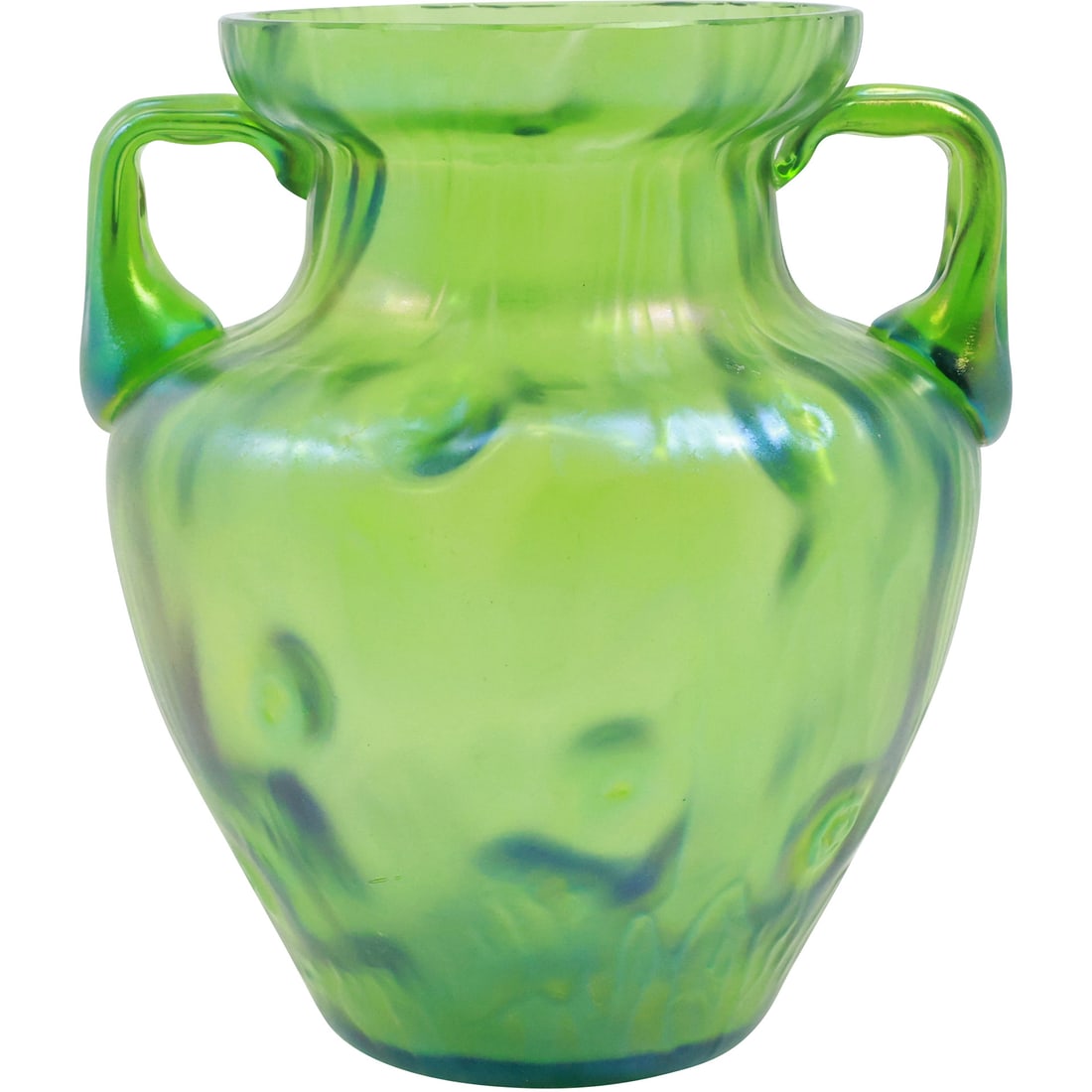 Antique Green Loetz Art Glass Two Handled Vase with Pinched Pattern 5.5 in. height (1 of 18)