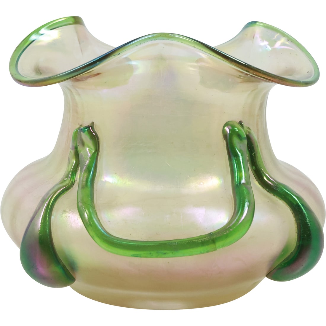 Antique Loetz Art Glass Iridescent Vase with Applied Green Decoration 4.5 in. x 5 in.: Antique Loetz Art Glass Iridescent Vase with Applied Green Decoration 4.5 in. x 5 in. size: 4.5x5