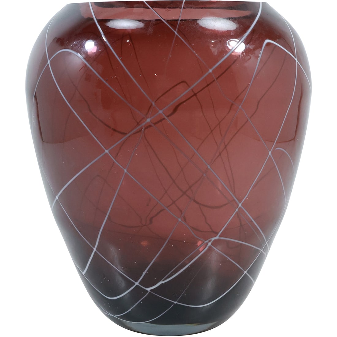 Cranberry Art Glass Vase with Abstract White Lines Pattern 10.75 in. height x 8 in. wide (1 of 18)