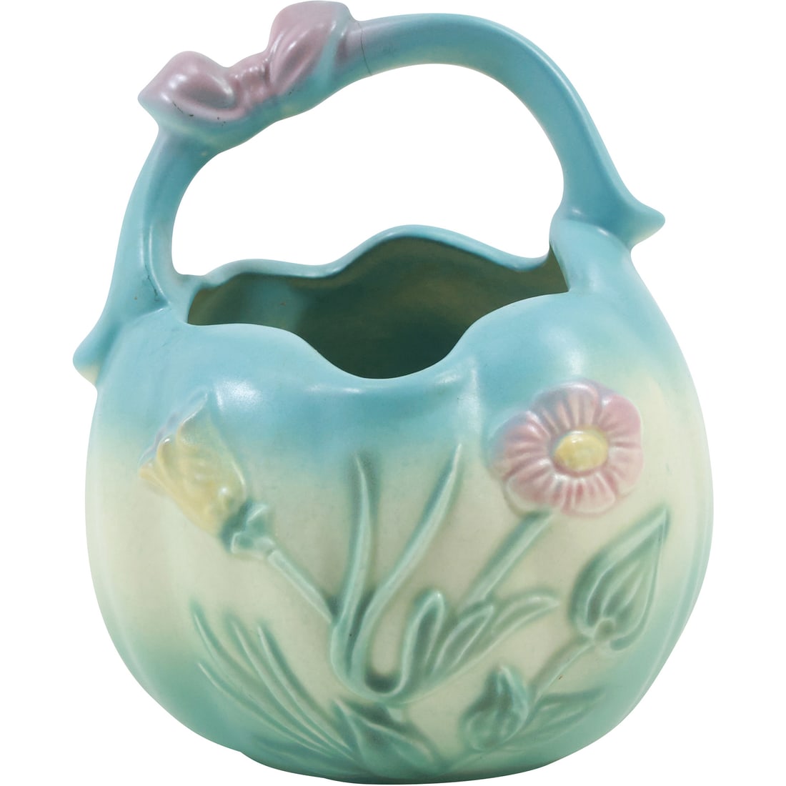 Vintage HULL POTTERY USA Art Pottery Floral Basket with Handle Vase 7 in. height: Vintage HULL POTTERY USA Art Pottery Floral Basket with Handle Vase 7 in. height. size: 7 in. x 5.25 in.