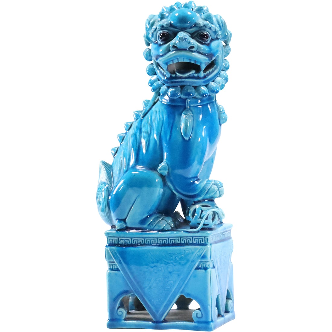 Blue Glazed Majolica Pottery Chinese Buddhist Lion on Pedestal Statue Figure 14.5 in. height (1 of 20)