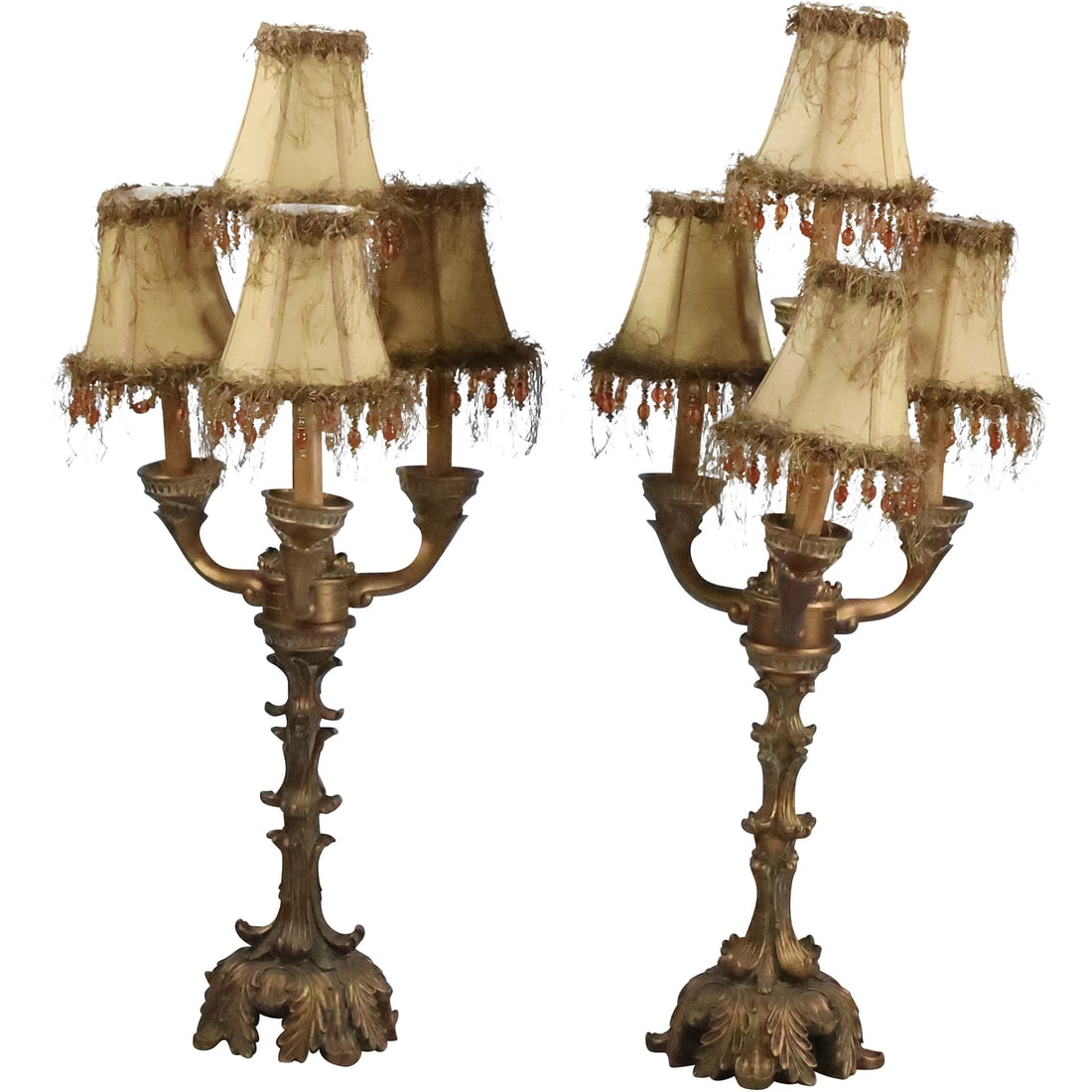 Pair Vintage French Baroque 5 -Light Candelabra Lamps, Composite with Linen Shades 35.5 in. height: Pair Vintage French Baroque 5 -Light Candelabra Lamps, Composite with Linen Shades 35.5 in. height. size: 35.5 x 14.5 w/ shades on