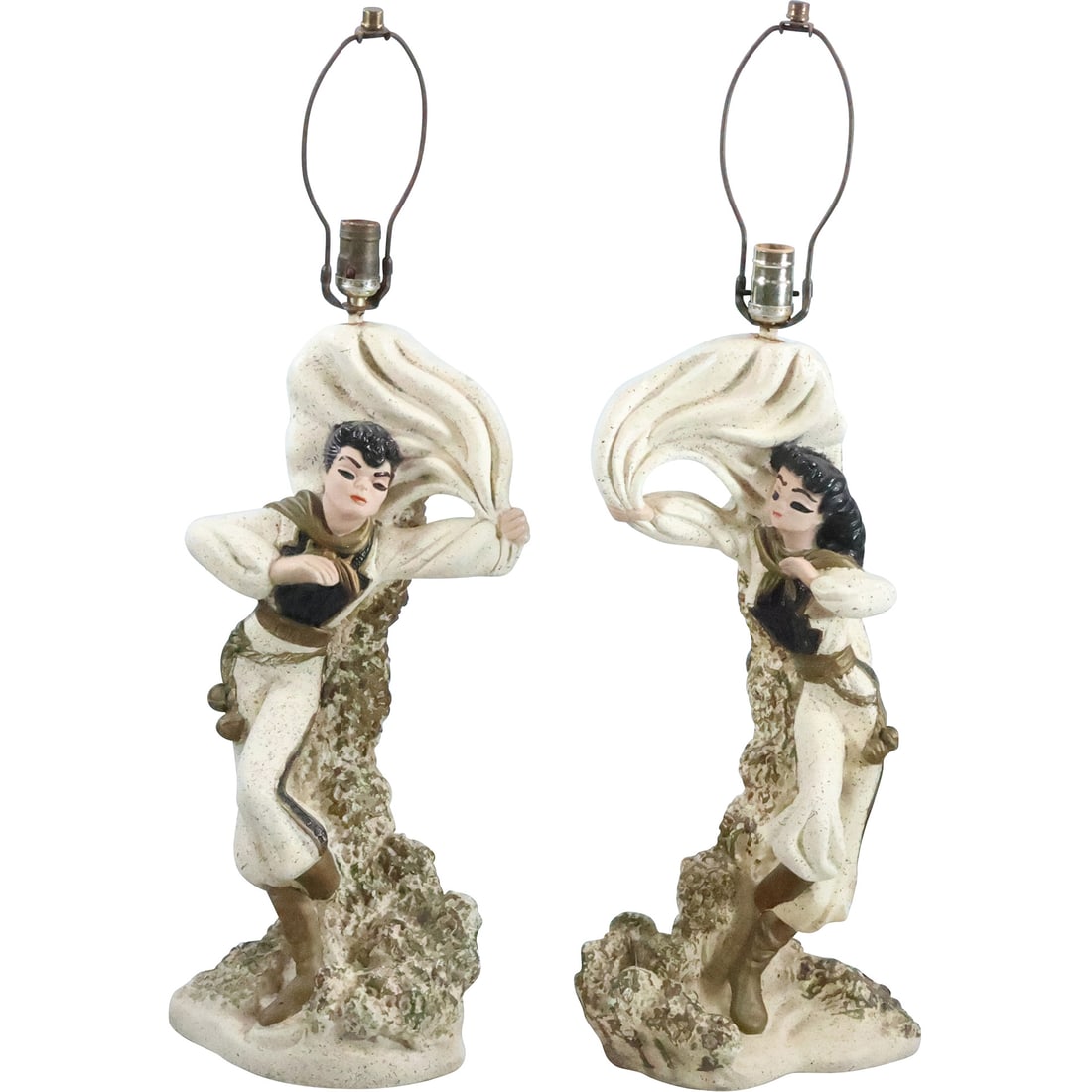 Pair Leviton Vintage 1950s Male and Female Dancers Figural Chalkware Table Lamps 32.5 in. (1 of 20)