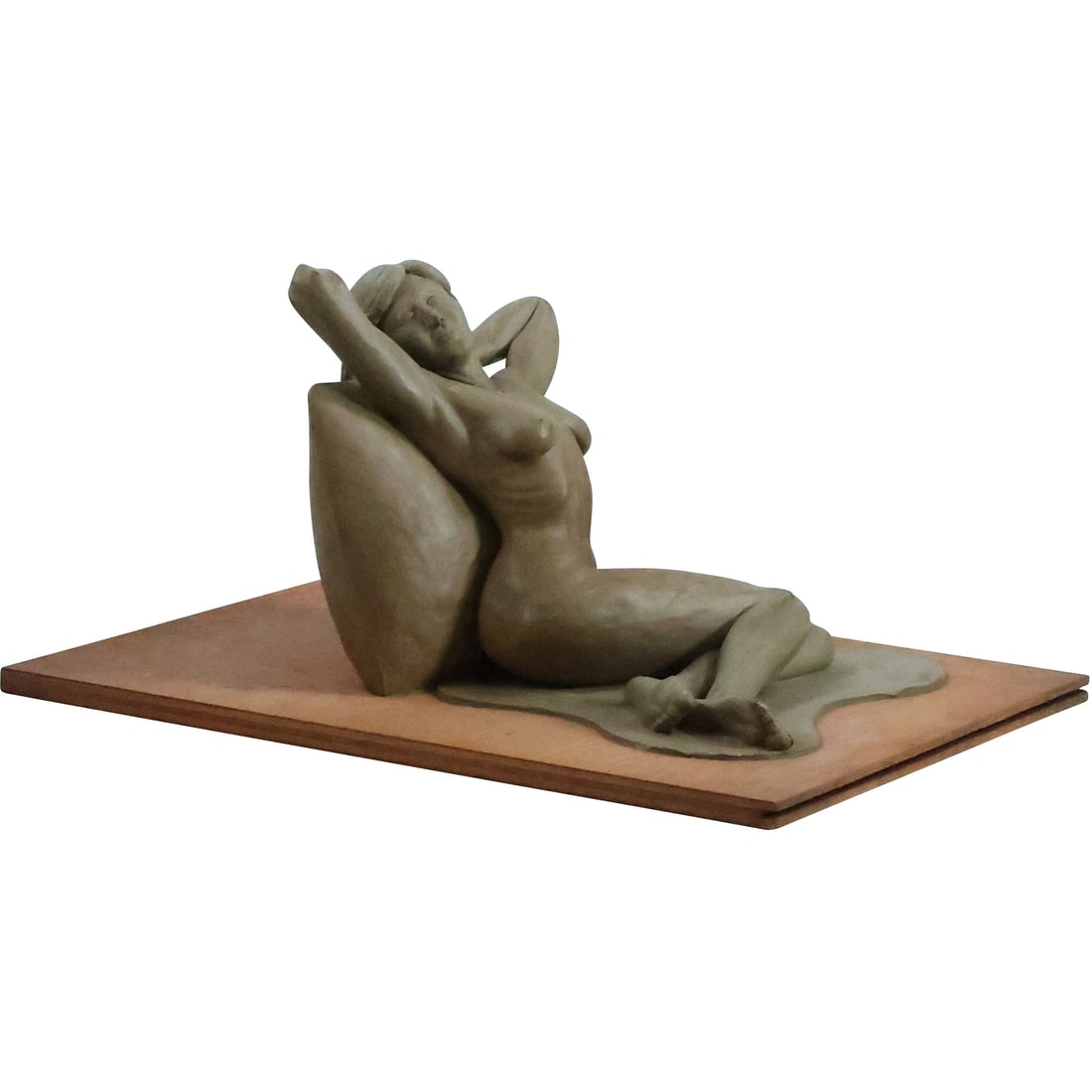 Vintage Clay Artist's Sculpture of Reclining Nude Woman mounted on wood board base 24 in. x 18 in.: Vintage Clay Artist's Sculpture of Reclining Nude Woman mounted on wood board base 24 in. x 18 in. size: 12.5 in. x 24 in. x 18 in.