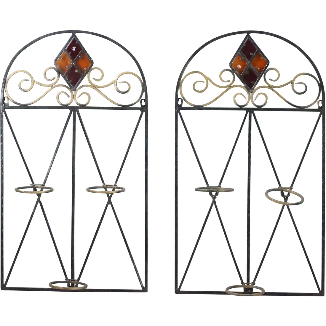 Pair Metal Hanging Wall Planters with Pot Holders and Stain Glass Panel Crest 28 in. x 16 in. (1 of 20)