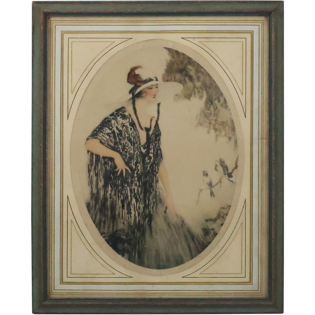 Art Deco Color Etching Signed Cote, "Quartette" Woman Listening to Birds Sing, Original Framing: Art Deco Color Etching Signed Cote, "Quartette" Woman Listening to Birds Sing, Original Framing. size: 14.75 x 10.75 matte, 19.75 x 15.75 outside frame