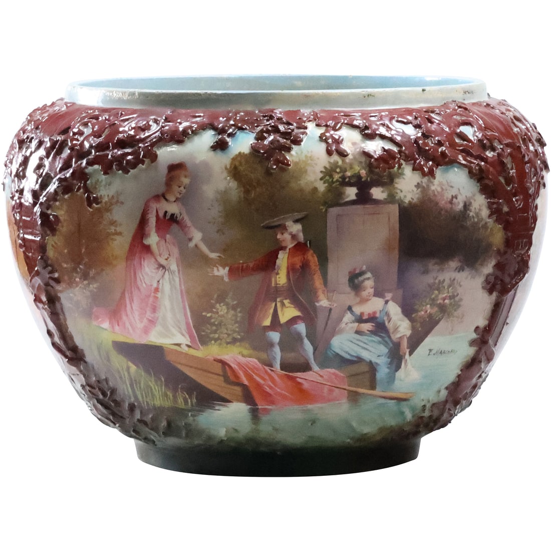 Antique 19th C. Jardiniere Pot Hand Painted Genre Scene Signed E. Marchand, 12 in. dia. (1 of 20)