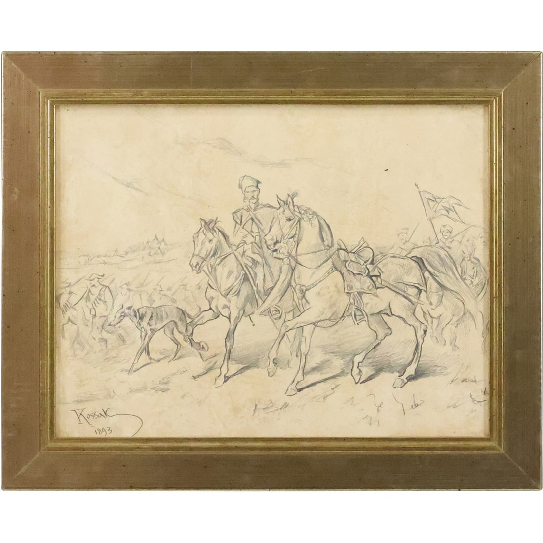 Juliusz Kossak 1893 [attributed], Poland, Pencil Drawing Man on Horseback, Greyhound Dogs (1 of 20)