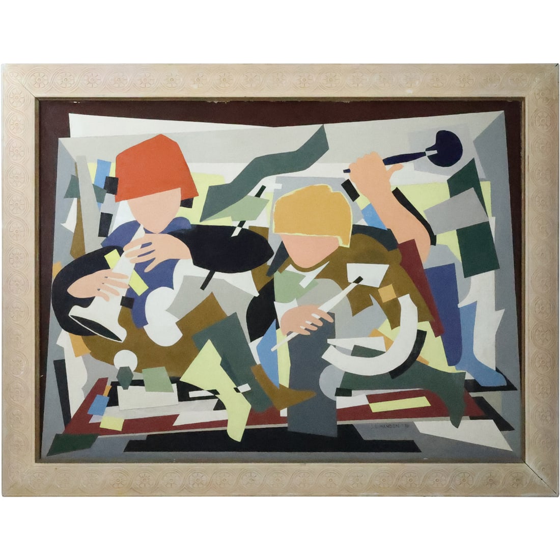 Signed J E Hansen 1976, Cubistic Oil on Board Painting "Musicians" (1 of 20)