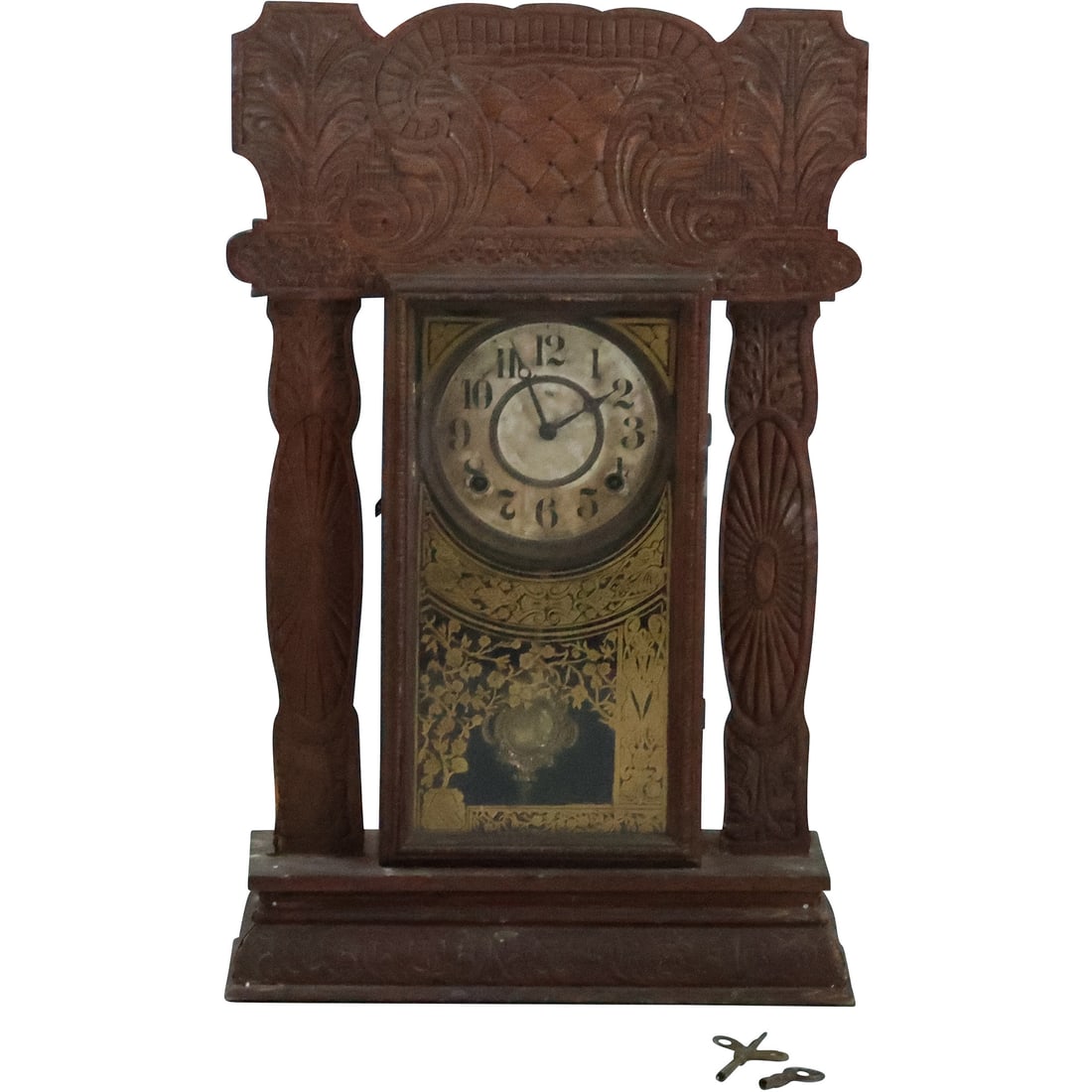 Fancy Oak Case Gingerbread Mantle Clock with Original Pendulum 23.25 in. height x 14.75 in. wide (1 of 20)