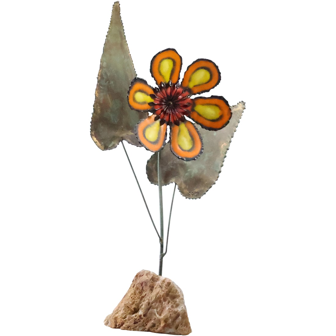 Curtis Jere Mid-Century Modern Enameled Metal FLOWER Sculpture on Stone Base 16.5 in. height (1 of 20)