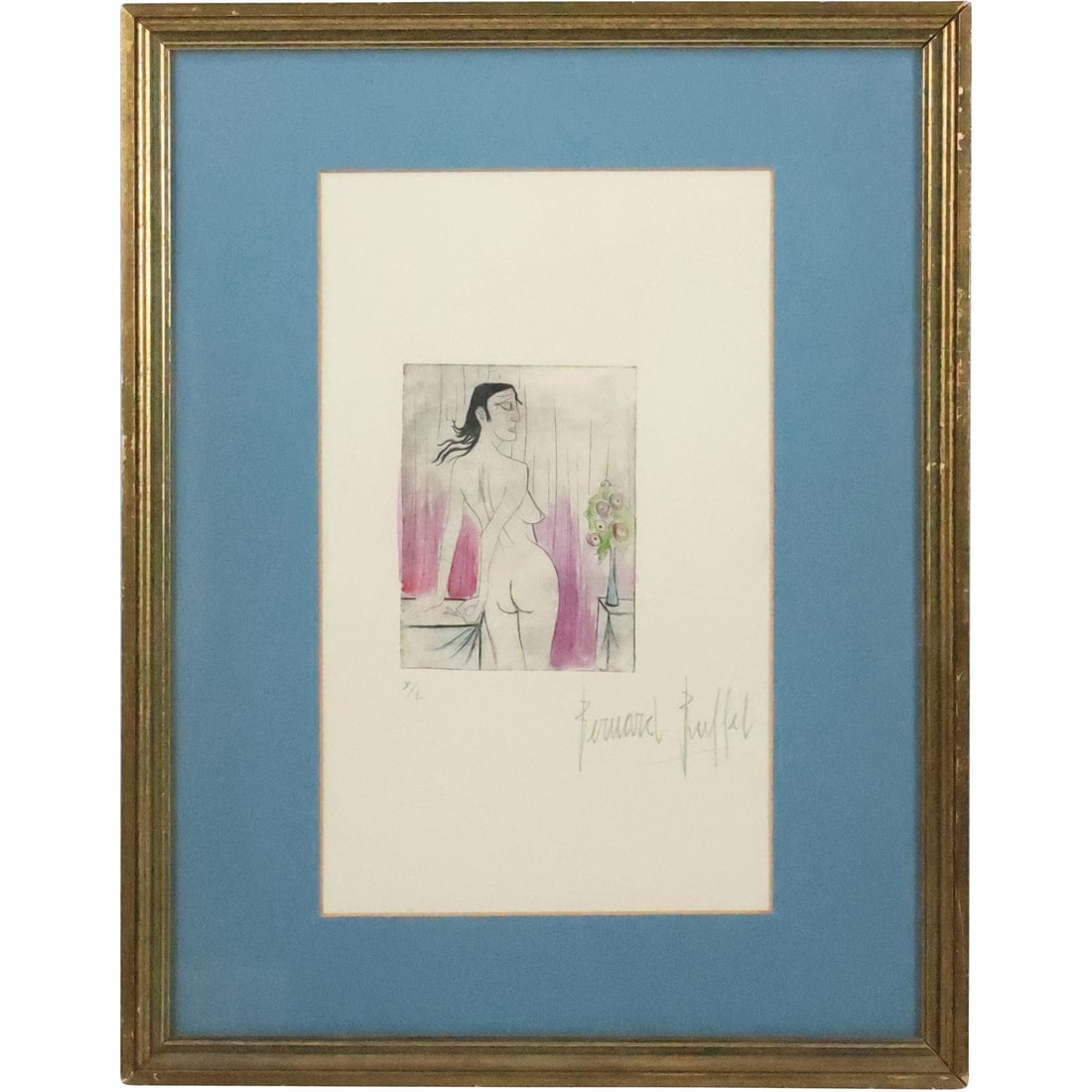 Bernard Buffet, French 1928-1999, Signed Lithograph Nude with Flowers, Framed: Bernard Buffet, French 1928-1999, Signed Lithograph Nude with Flowers, Framed. size: 12.5 x 7.5 matte, 18.25 x 14.25 outside frame