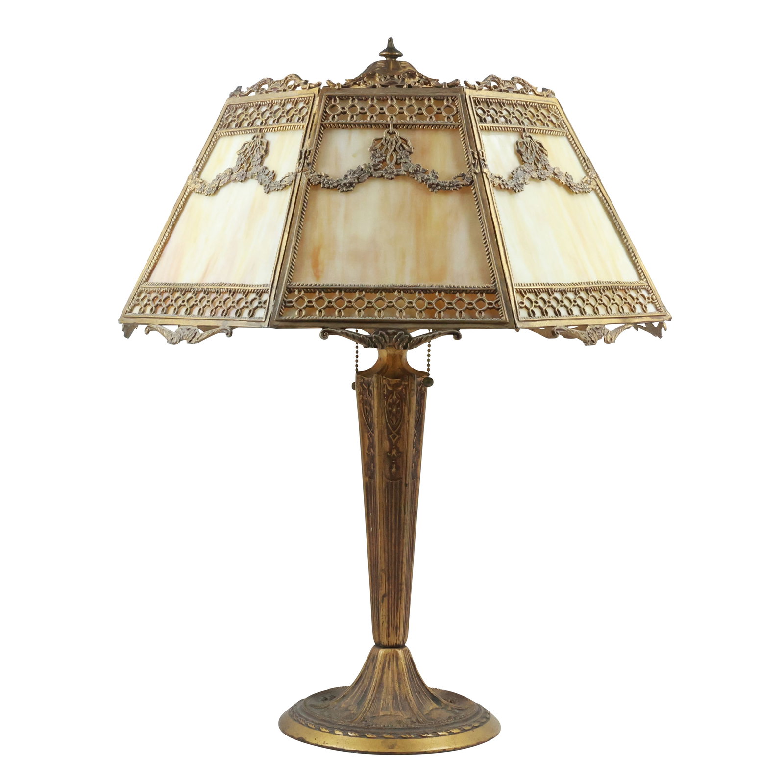 Antique ML CO "Miller Lamp Co" 6-Panel Slag Glass Table Lamp 23 in. height x 19 in. diameter shade (1 of 20)