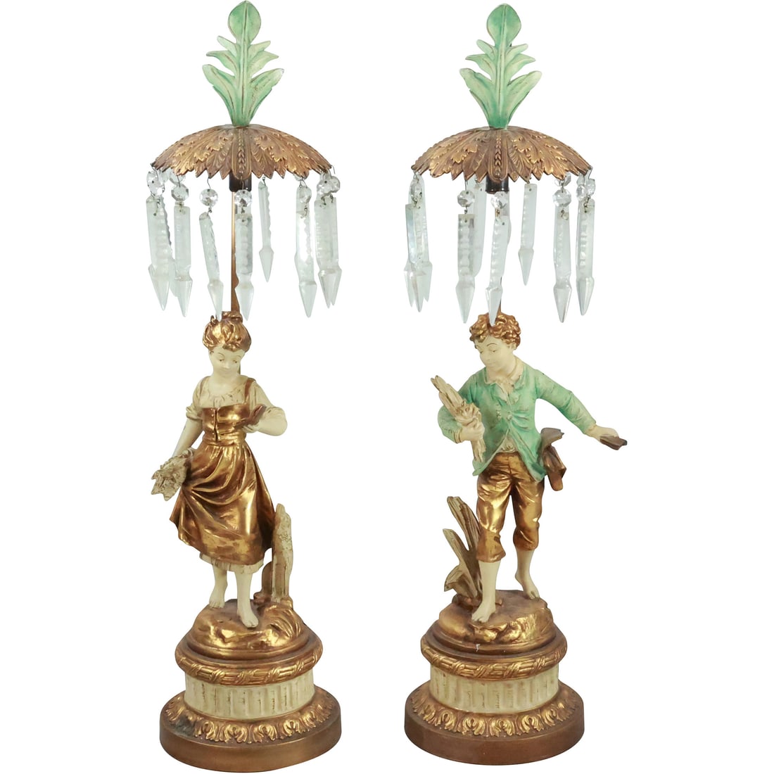 Pair French Cast Metal Spelter Classical Boy & Girl Figural Lamps Under Prism Canopy 29.25 in. h. (1 of 20)