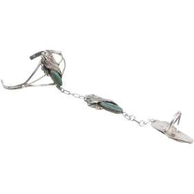 Sterling Silver "H" Bracelet with Chain Turquoise & Feather Design, Ring Size 7, Sterling Turquoise