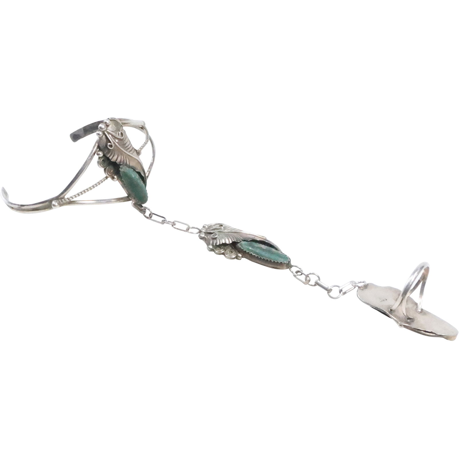 Sterling Silver "H" Bracelet with Chain Turquoise & Feather Design, Ring Size 7, Sterling Turquoise (1 of 18)
