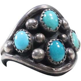 Hallmarked Native American Indian Sterling Silver and Turquoise Ring Size 11.5 , 1 in. x 1 in.