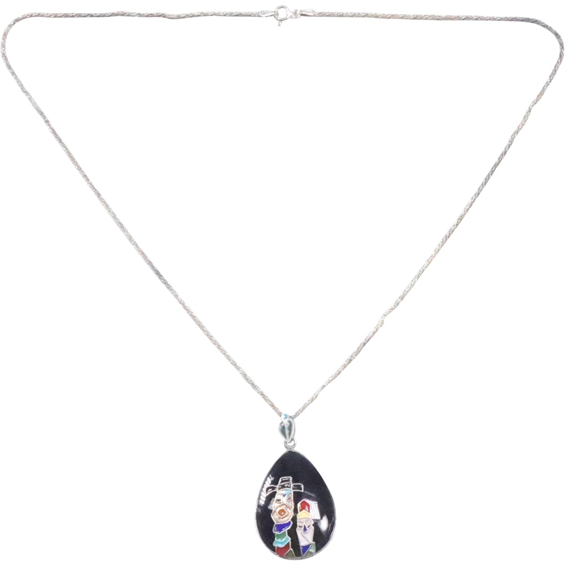 Sterling Silver Enameled Black Onyx South American Pendant Necklace on .925 Sterling Chain: Sterling Silver Enameled Black Onyx South American Pendant 1 3/8 in. x 7/8 in. Necklace on .925 Sterling Chain