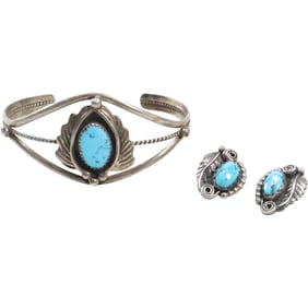 B.S. Sterling Silver with Turquoise with Feather Design Cuff Bracelet with Matching Earrings