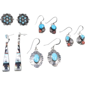 5 Pairs Assorted Native American Earrings: .925 Sterling Turquoise Earrings, JOSEPH BAILLEN