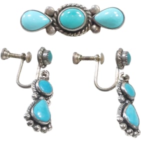 B.E. Sterling Silver with Turquoise Pin & Sterling with Turquoise Screw Back Earrings