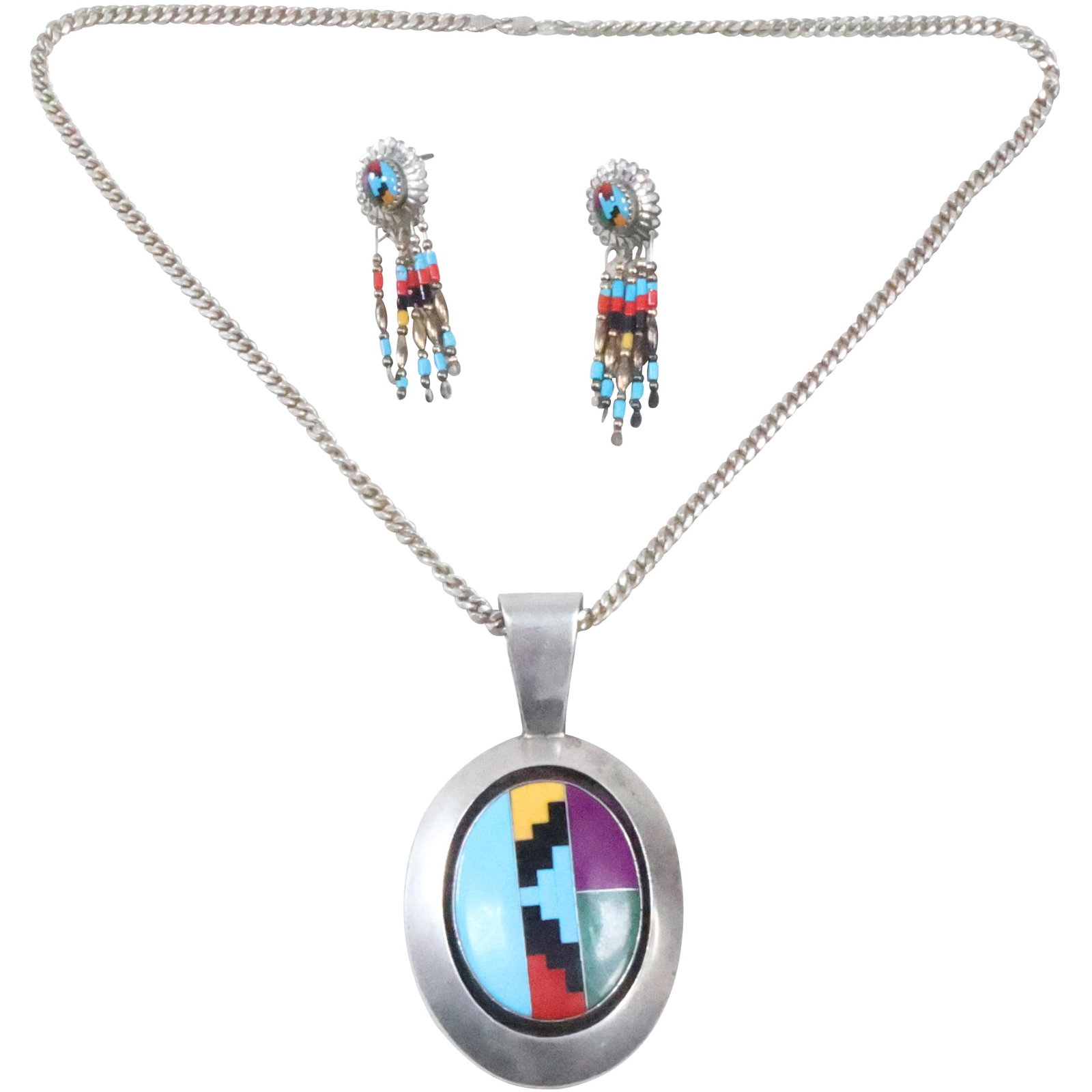 Native American Navajo "WS" WILLIE SAIZ Inlaid Pendant Necklace & .925 Sterling Earrings: Native American Navajo "WS" WILLIE SAIZ Inlaid Pendant 3 1/4 in. x 2 7/8 in. Necklace on .925 sterling 20 in. chain & .925 Sterling Earrings 2 in. x 5/8 in.