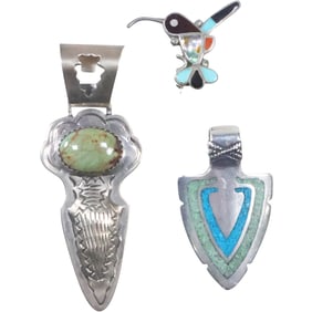 [3] Sterling Silver Native American Zuni /Navajo: Hummingbird Pin with Turquoise, Black Onyx,
