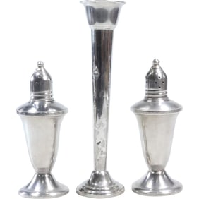 Sterling Silver Weighted Salt and Pepper Shakers; Sterling Silver Weighted Bud Vase