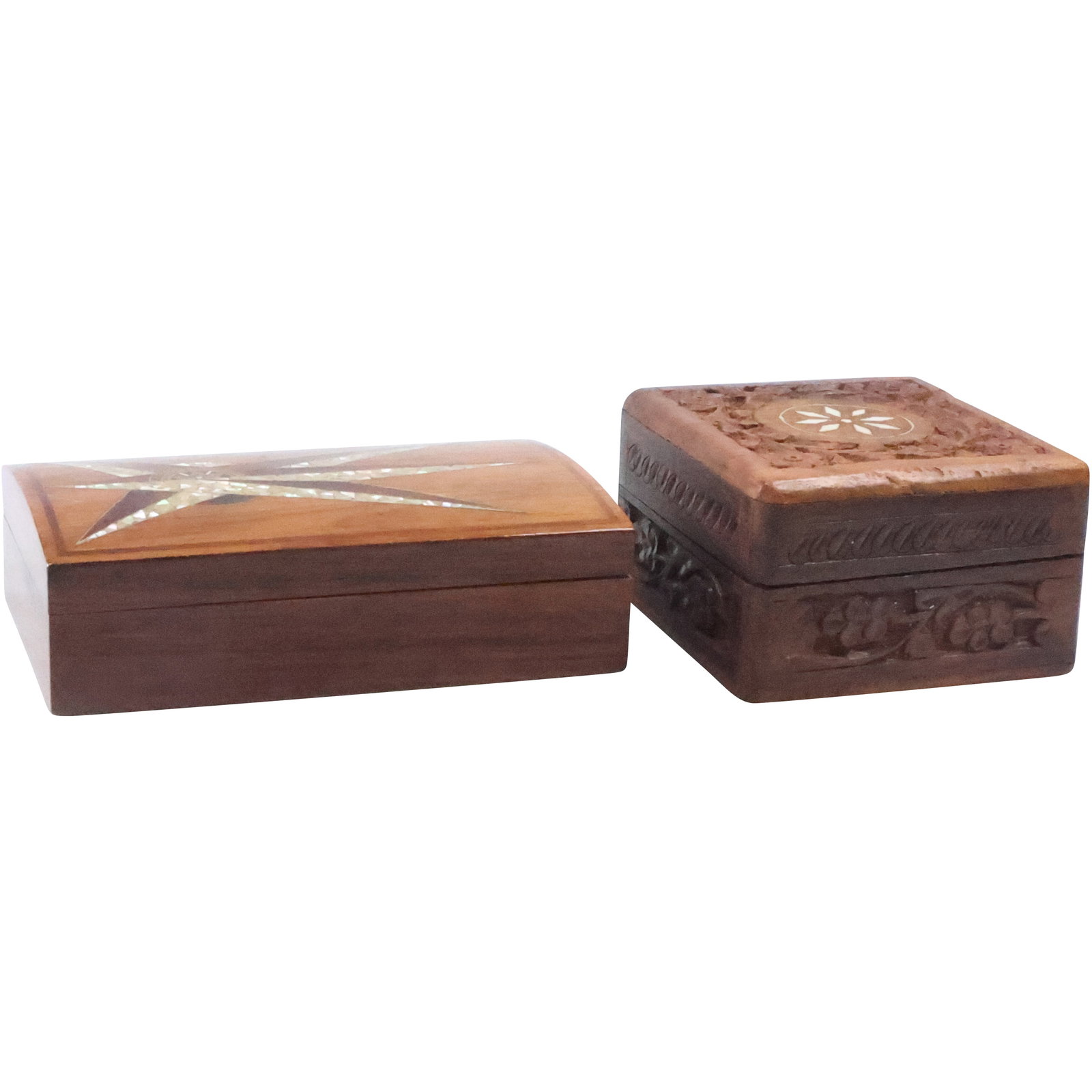 [2] Carved Wooden Trinket Boxes with Mother-of-Pearl Inlay Design: [2] Carved Wooden Trinket Boxes with Mother-of-Pearl Inlay Design size: 6 in. x 3 1/2 in. x 1 3/4 in. and 4 in. x 4 in. x 2 1/2 in.- one hinge needs a screw