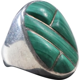 "Pd" Sterling Silver Large Heavy Ring with Inlaid Malachite, Ring Size 11 , 1 in. x 1 1/4 in.