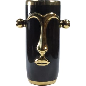 Black and Dore Gold Ceramic Tall Face Vase 11 in. height x 7 in. wide, Mid-Century Modern