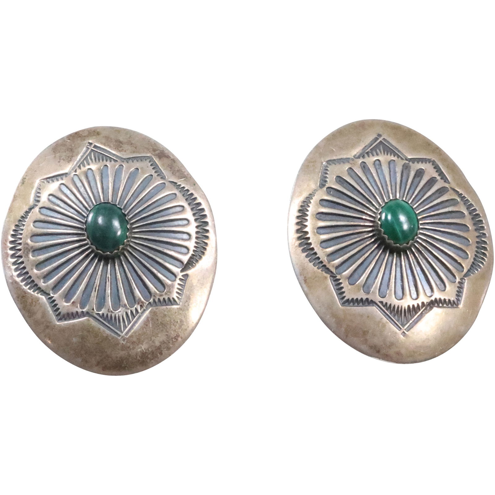 Sterling Silver with Malachite Stones Rays Embossed with Malachite Center Stone Earrings: Sterling Silver with Malachite Stones Rays Embossed with Malachite Center Stone Earrings. size: 1 5/8 in. x 1 1/4 in.