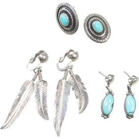 3 Pair American Indian Sterling Earrings: Feathers Clip-on; Turquoise Oval; RB Sterling Oval Dangle