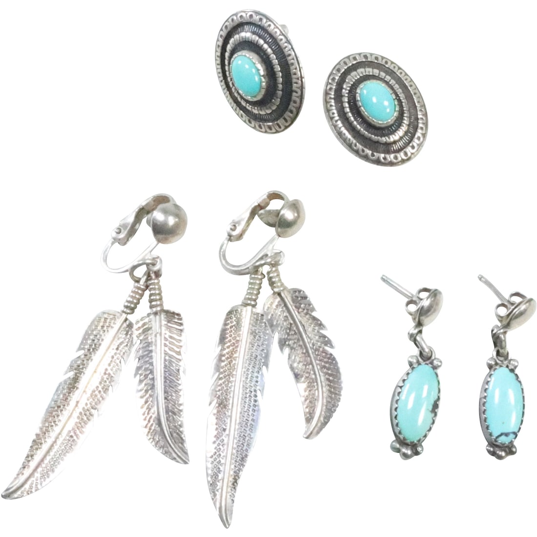 3 Pair American Indian Sterling Earrings: Feathers Clip-on; Turquoise Oval; RB Sterling Oval Dangle (1 of 18)