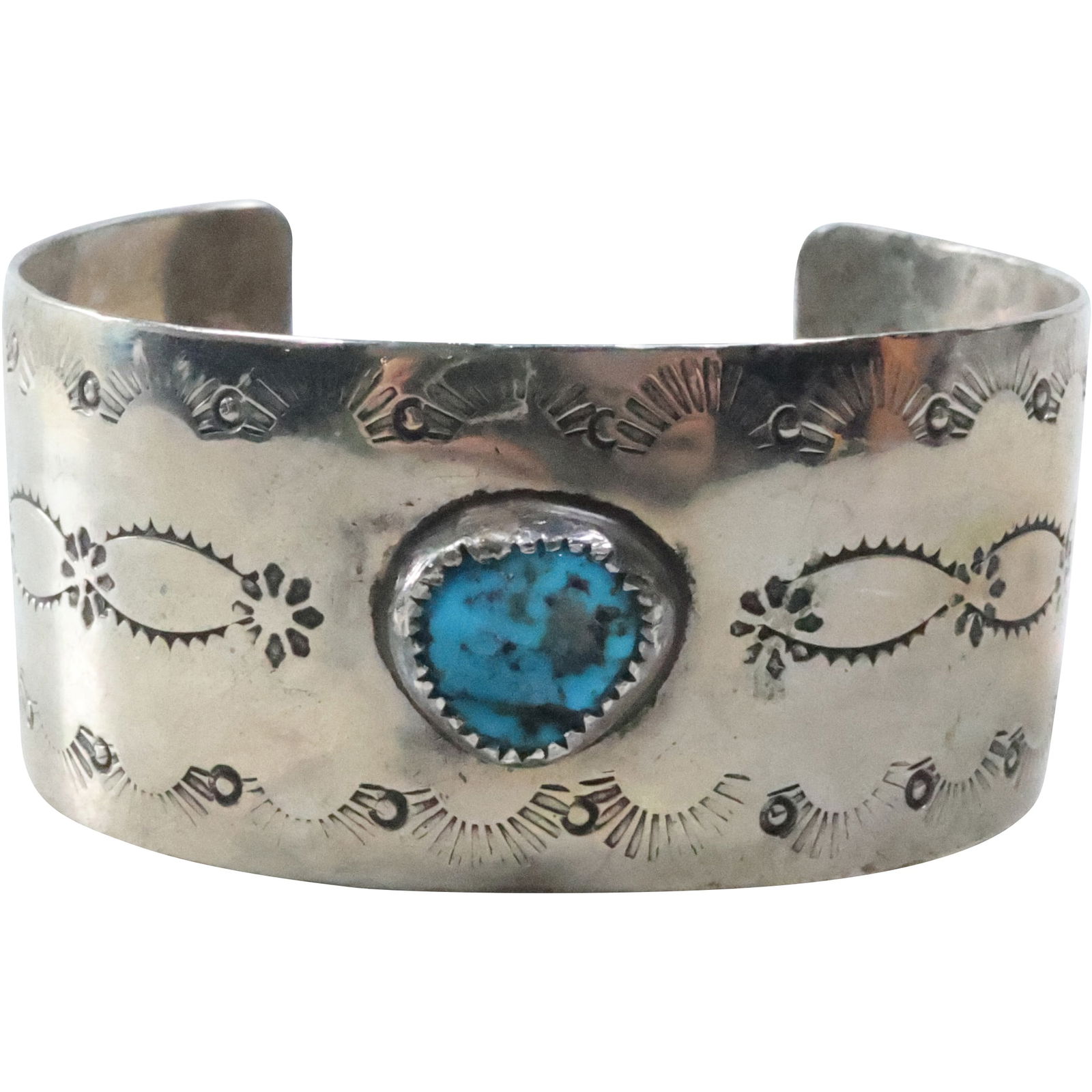 Signed? Silver and Turquoise Stone Wide Cuff Bracelet 2 1/4 in. x 2 1/2 in. x 1 1/8 in. (1 of 14)